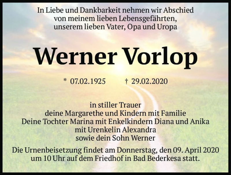  Traueranzeige für Werner Vorlop  vom 21.03.2020 aus Magdeburger Volksstimme