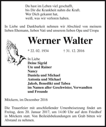 Traueranzeige von Werner Walter  von Magdeburger Volksstimme
