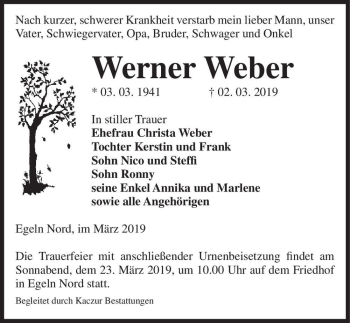 Traueranzeige von Werner Weber  von Magdeburger Volksstimme