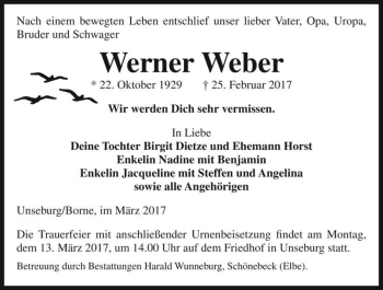 Traueranzeige von Werner Weber  von Magdeburger Volksstimme