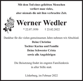 Traueranzeige von Werner Wedler  von Magdeburger Volksstimme