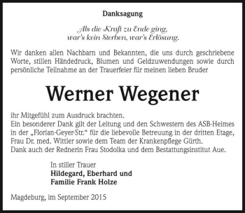 Traueranzeige von Werner Wegener  von Magdeburger Volksstimme