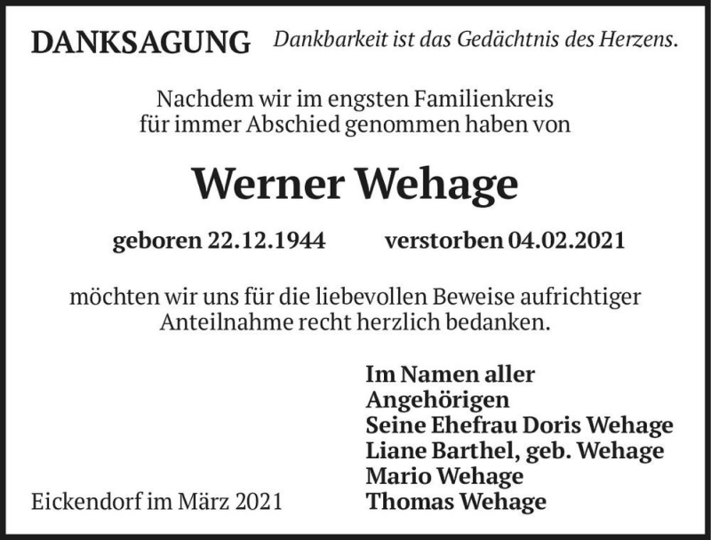  Traueranzeige für Werner Wehage  vom 13.03.2021 aus Magdeburger Volksstimme