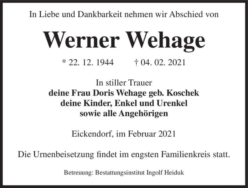  Traueranzeige für Werner Wehage  vom 13.02.2021 aus Magdeburger Volksstimme