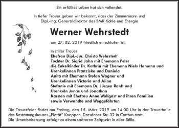 Traueranzeige von Werner Wehrstedt  von Magdeburger Volksstimme
