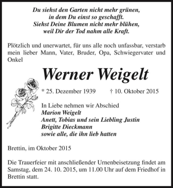 Traueranzeige von Werner Weigelt  von Magdeburger Volksstimme