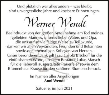 Traueranzeige von Werner Wendt  von Magdeburger Volksstimme