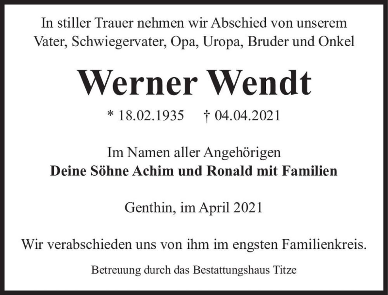  Traueranzeige für Werner Wendt  vom 10.04.2021 aus Magdeburger Volksstimme
