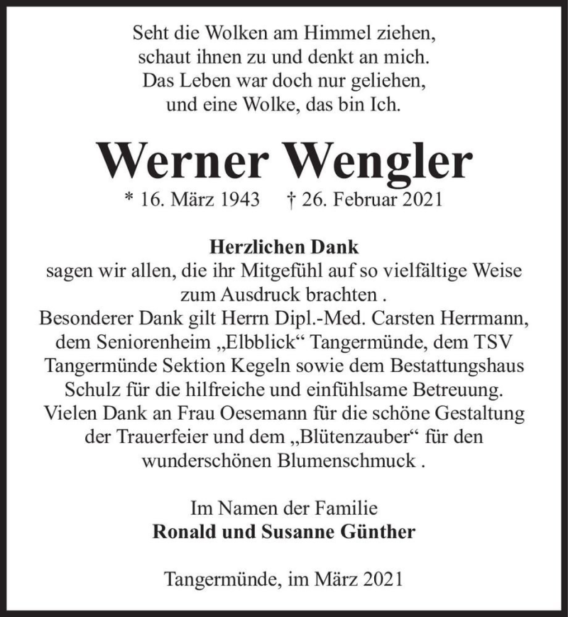  Traueranzeige für Werner Wengler  vom 13.03.2021 aus Magdeburger Volksstimme