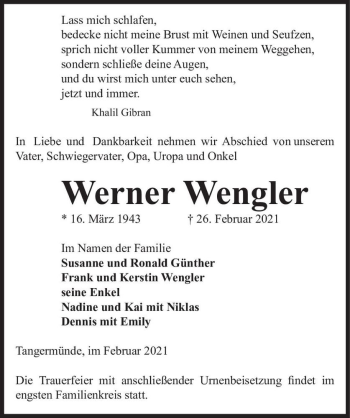 Traueranzeige von Werner Wengler  von Magdeburger Volksstimme