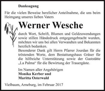 Traueranzeige von Werner Wesche  von Magdeburger Volksstimme