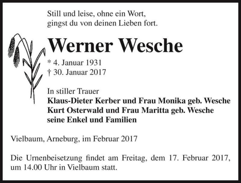  Traueranzeige für Werner Wesche  vom 10.02.2017 aus Magdeburger Volksstimme