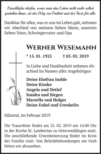 Traueranzeige von Werner Wesemann  von Magdeburger Volksstimme
