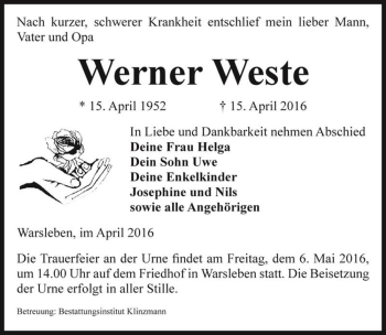 Traueranzeige von Werner Weste  von Magdeburger Volksstimme