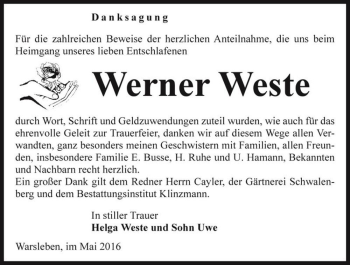 Traueranzeige von Werner Weste  von Magdeburger Volksstimme