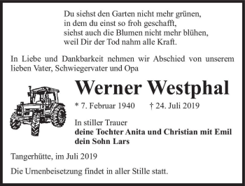 Traueranzeige von Werner Westphal  von Magdeburger Volksstimme