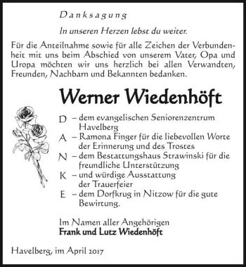 Traueranzeige von Werner Wiedenhöft  von Magdeburger Volksstimme