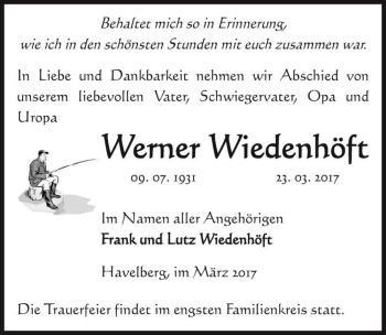 Traueranzeige von Werner Wiedenhöft  von Magdeburger Volksstimme