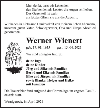 Traueranzeige von Werner Wienert  von Magdeburger Volksstimme