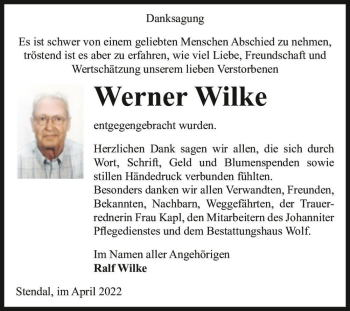 Traueranzeige von Werner Wilke  von Magdeburger Volksstimme