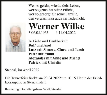 Traueranzeige von Werner Wilke  von Magdeburger Volksstimme