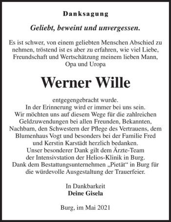 Traueranzeige von Werner Wille  von Magdeburger Volksstimme