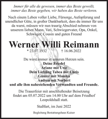 Traueranzeige von Werner Willi Reimann  von Magdeburger Volksstimme