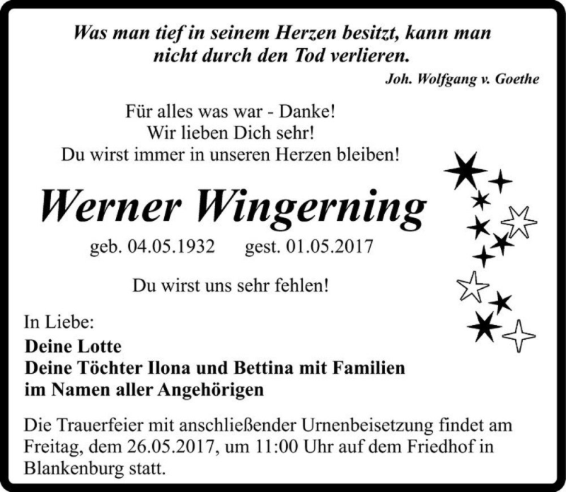 Traueranzeige für Werner Wingerning  vom 13.05.2017 aus Magdeburger Volksstimme
