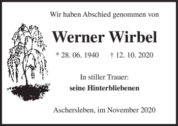 Traueranzeige von Werner Wirbel  von Magdeburger Volksstimme
