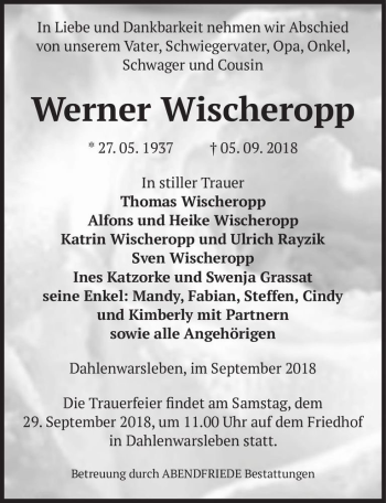 Traueranzeige von Werner Wischeropp  von Magdeburger Volksstimme