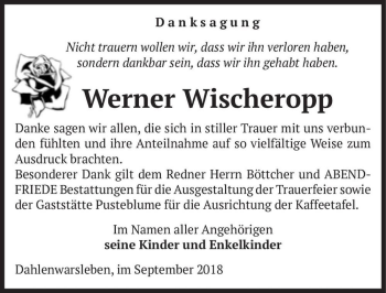 Traueranzeige von Werner Wischeropp  von Magdeburger Volksstimme