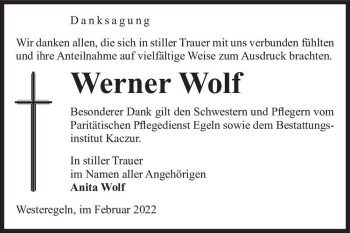 Traueranzeige von Werner Wolf  von Magdeburger Volksstimme