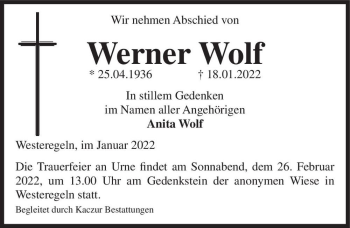 Traueranzeige von Werner Wolf  von Magdeburger Volksstimme