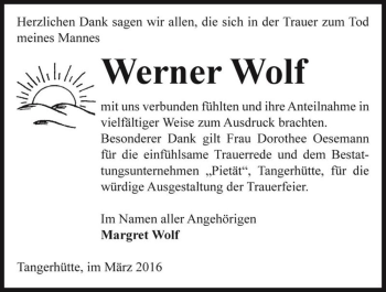 Traueranzeige von Werner Wolf  von Magdeburger Volksstimme