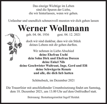 Traueranzeige von Werner Wollmann  von Magdeburger Volksstimme