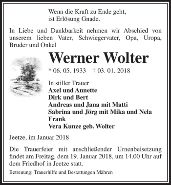 Traueranzeige von Werner Wolter  von Magdeburger Volksstimme
