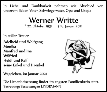 Traueranzeige von Werner Writte  von Magdeburger Volksstimme