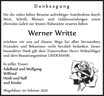 Traueranzeige von Werner Writte  von Magdeburger Volksstimme