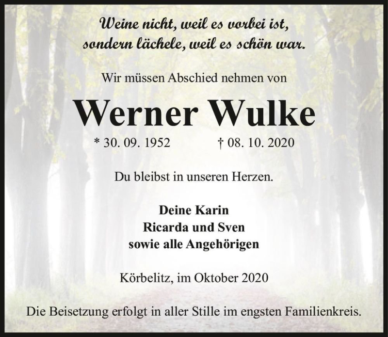  Traueranzeige für Werner Wulke  vom 17.10.2020 aus Magdeburger Volksstimme