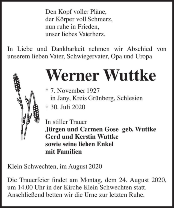 Traueranzeige von Werner Wuttke  von Magdeburger Volksstimme