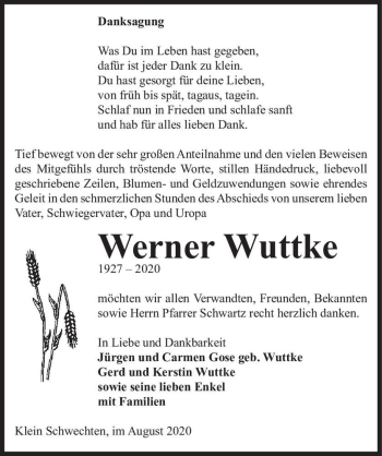 Traueranzeige von Werner Wuttke  von Magdeburger Volksstimme