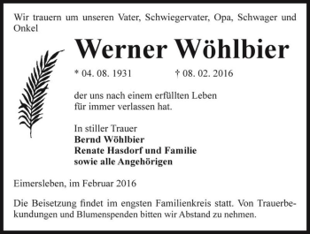 Traueranzeige von Werner Wöhlbier  von Magdeburger Volksstimme