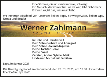 Traueranzeige von Werner Zahlmann  von Magdeburger Volksstimme