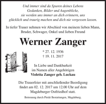 Traueranzeige von Werner Zanger  von Magdeburger Volksstimme