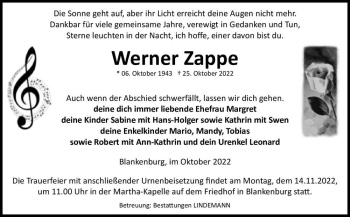 Traueranzeige von Werner Zappe  von Magdeburger Volksstimme