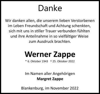 Traueranzeige von Werner Zappe  von Magdeburger Volksstimme