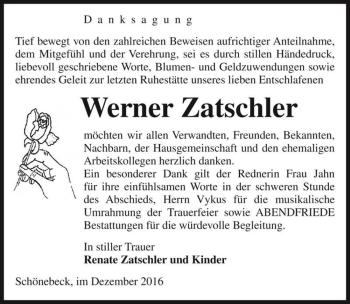 Traueranzeige von Werner Zatschler  von Magdeburger Volksstimme