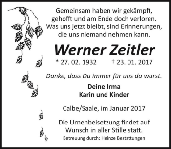 Traueranzeige von Werner Zeitler  von Magdeburger Volksstimme
