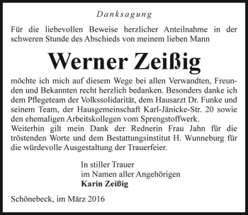 Traueranzeige von Werner Zeißig  von Magdeburger Volksstimme