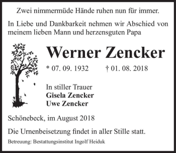 Traueranzeige von Werner Zencker  von Magdeburger Volksstimme
